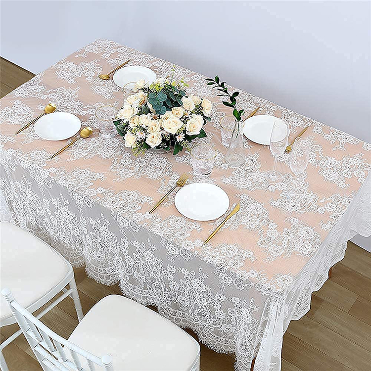 Tissu de vêtements de table jacquard en dentelle de mariage en polyester blanc léger rectangle uni