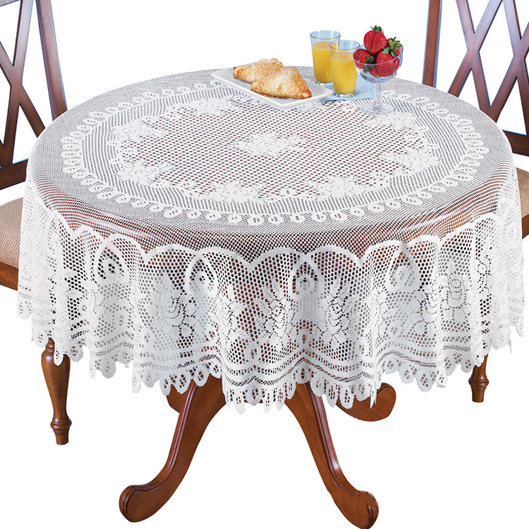 Tissu de nappe en dentelle ronde uni jacquard blanc de mariage en polyester à fleurs florales personnalisées